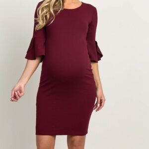 Burgundy Ruffle Sleeve Maternity Fitted Dress